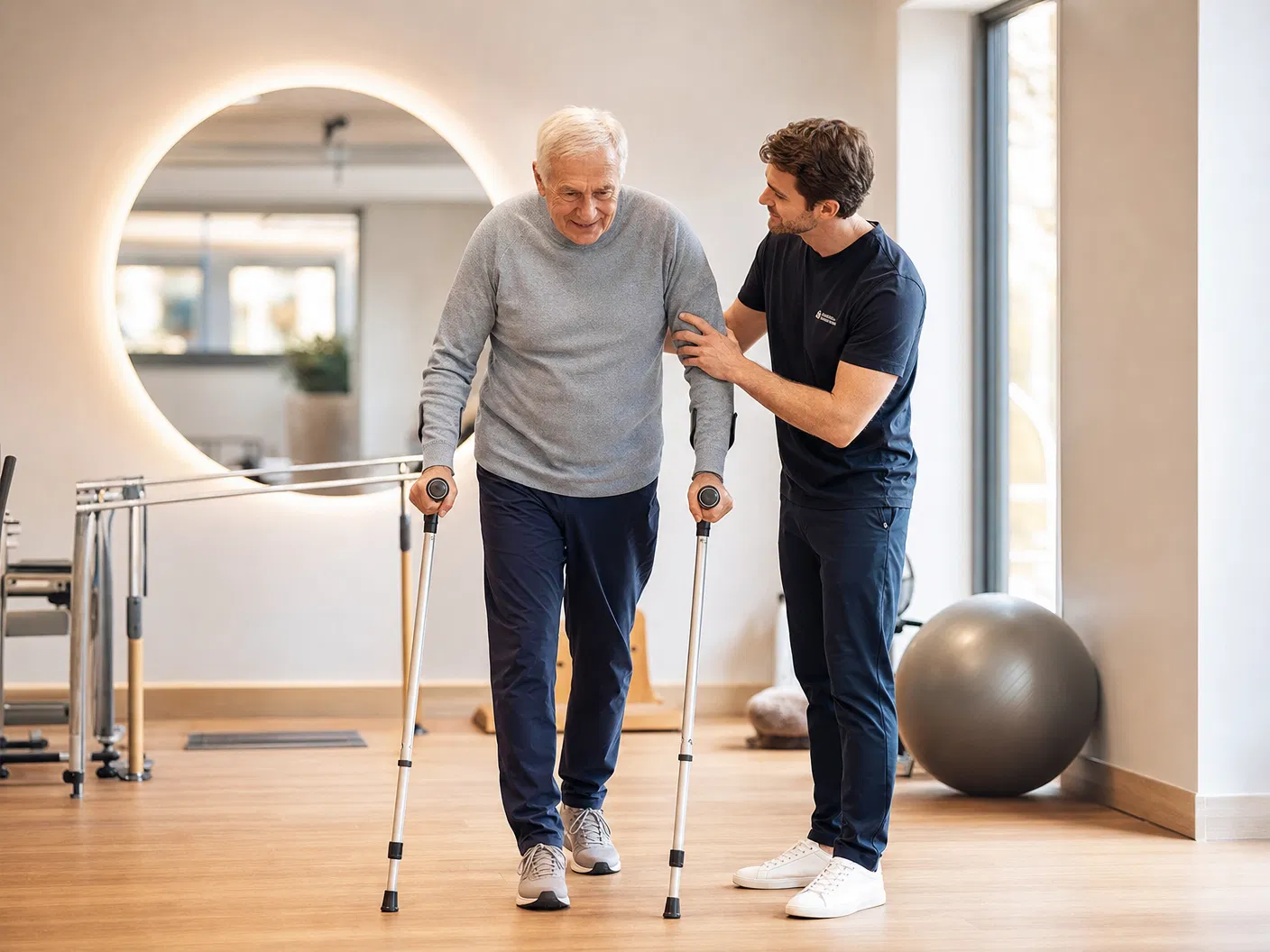 Therapeut begleitet älteren Patienten beim Gehtraining in München-Pasing